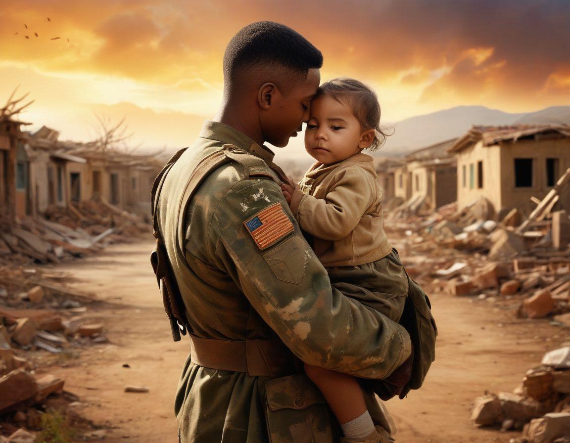 A soldier in uniform embracing a child in a war-torn landscape, symbolizing hope and love amidst adversity. Surrounding them are subtle hints of charity acts - food donations, rebuilding homes, and people helping each other. The background transitions from dark, warlike elements to bright, warm colors signifying peace and kindness. The imagery conveys a powerful transformation from conflict to compassion. super-realistic. vibrant colors. emotional depth.