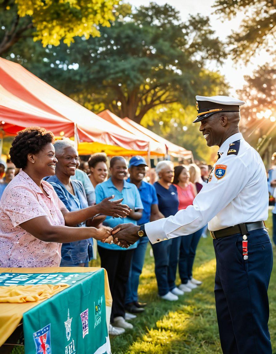 A heartwarming scene depicting a veteran in uniform shaking hands with community members at a local event, surrounded by joyful families and colorful banners symbolizing unity. The background features a community park with trees, picnic tables, and a warm sunset illuminating the atmosphere. The image captures the spirit of connection and gratitude between military service and community love. vibrant colors. super-realistic.